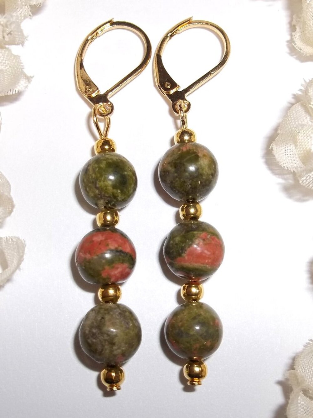 Faux Unakite Earring Green Orange Gold Beaded Dangle Drop Jewelry Gift Set D9123